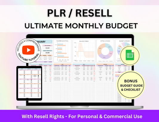 Ultimate Monthly Budget Template, spreadsheet budget, simple budget, resell spreadsheet, resell plr, resell google sheet,