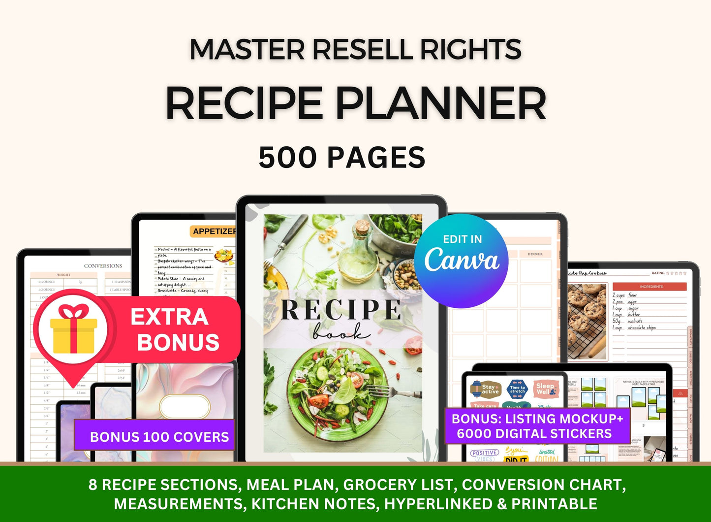 MRR PLR Resell Recipe Digital Planner - Hyperlinked Canva Journal